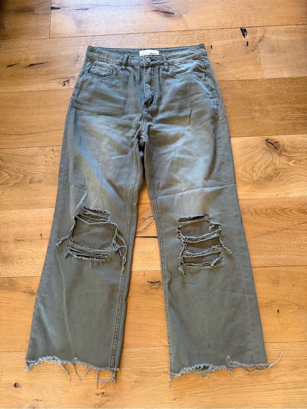 Vervet Olive Distressed Wide-Leg Jeans
